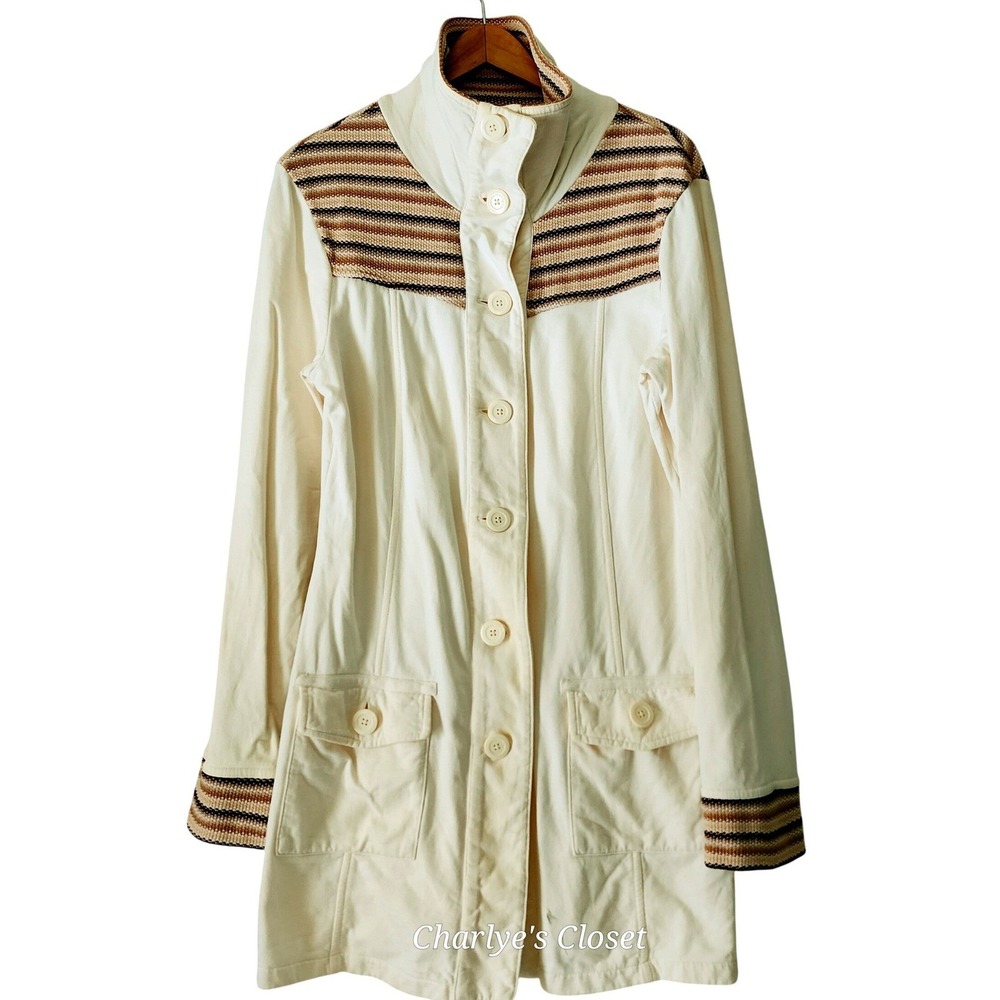 prAna Breathe XL Cream Cotton Button Front Jacket Striped Knit Yoke